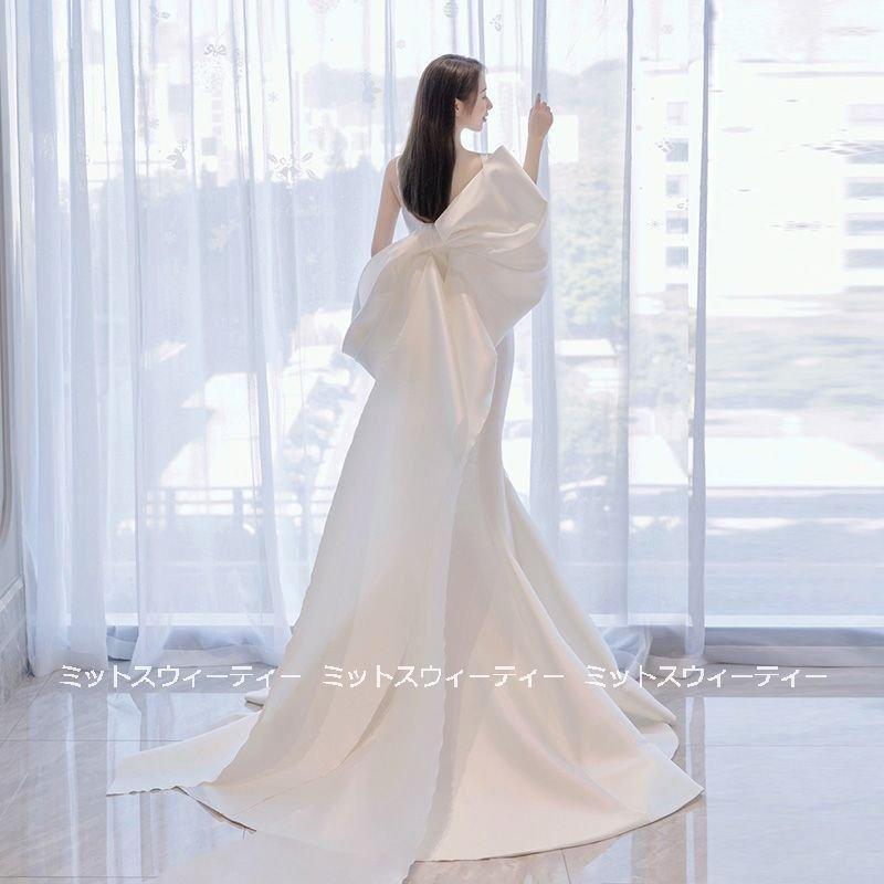 韓国ファッション個性的 大きいリボン 写真撮影 花嫁 ウエディングドレス 前撮り ロングドレス 二次会 パーティドレス ウェディグドレス マーメイドラインドレス サテン 結婚式