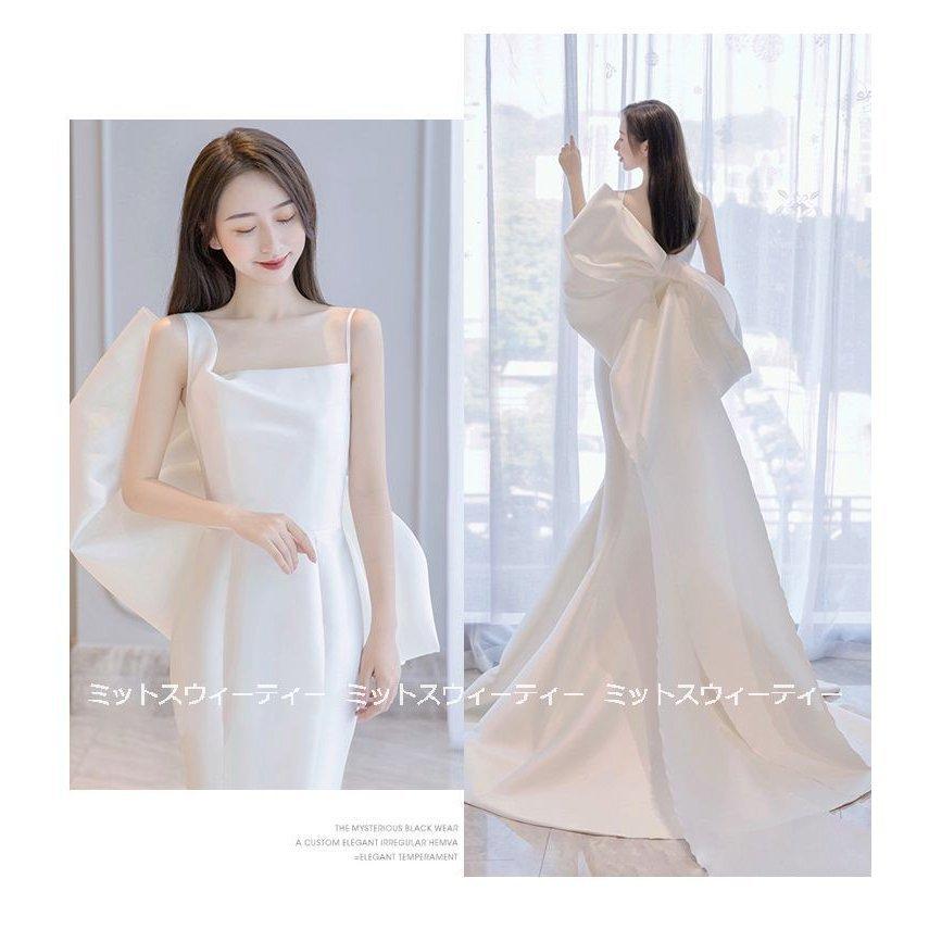 韓国ファッション個性的 大きいリボン 写真撮影 花嫁 ウエディングドレス 前撮り ロングドレス 二次会 パーティドレス ウェディグドレス マーメイドラインドレス サテン 結婚式