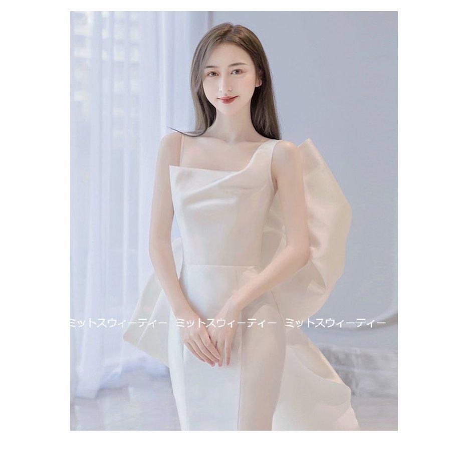 韓国ファッション個性的 大きいリボン 写真撮影 花嫁 ウエディングドレス 前撮り ロングドレス 二次会 パーティドレス ウェディグドレス マーメイドラインドレス サテン 結婚式