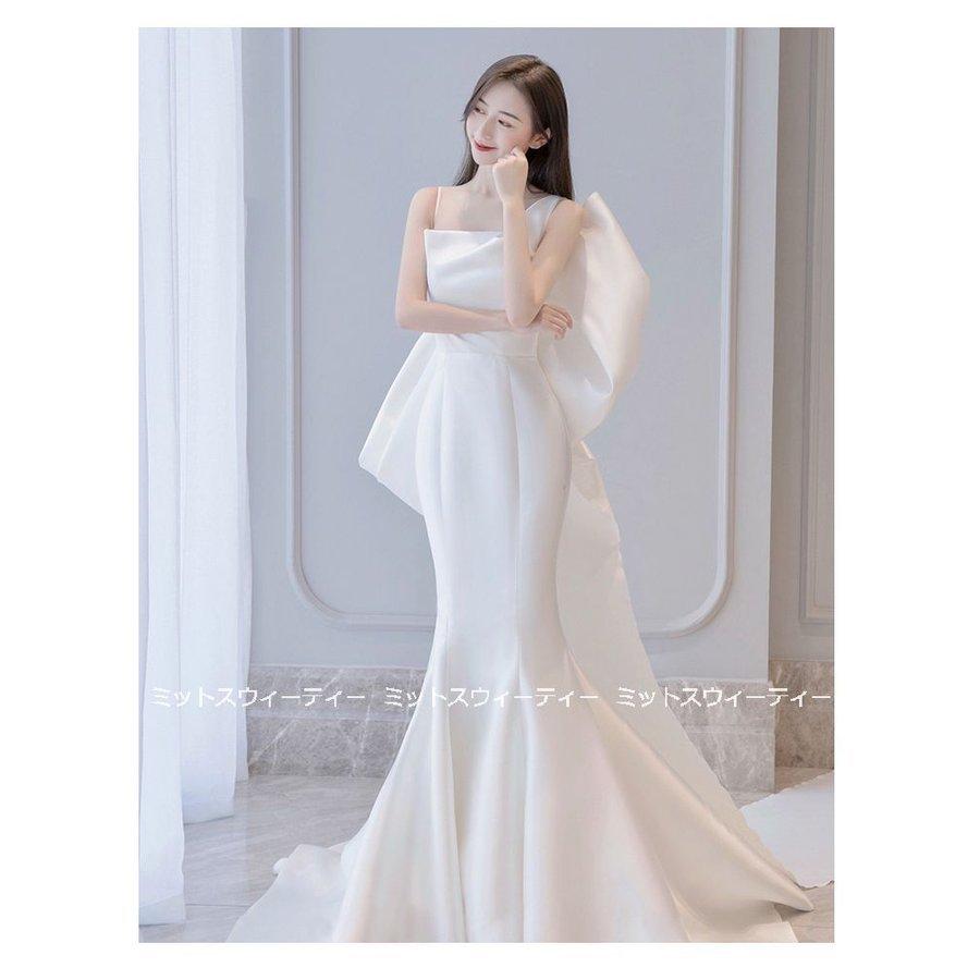 韓国ファッション個性的 大きいリボン 写真撮影 花嫁 ウエディングドレス 前撮り ロングドレス 二次会 パーティドレス ウェディグドレス マーメイドラインドレス サテン 結婚式