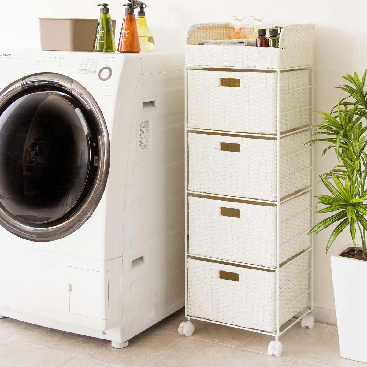 ランドリーボックス Diario 4段 高さ109cm ランドリー 収納 ランドリー収納 ボックス バスケット 大容量 キャスター ラタン ランドリーバスケット 衣類収納 衣類 洗濯かご