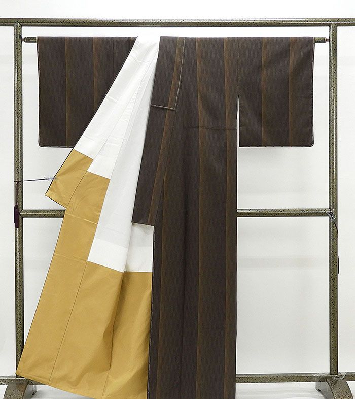 紬 未着用超美品 正絹 本しぼ柿渋染め 縦縞模様 身丈161.5cm