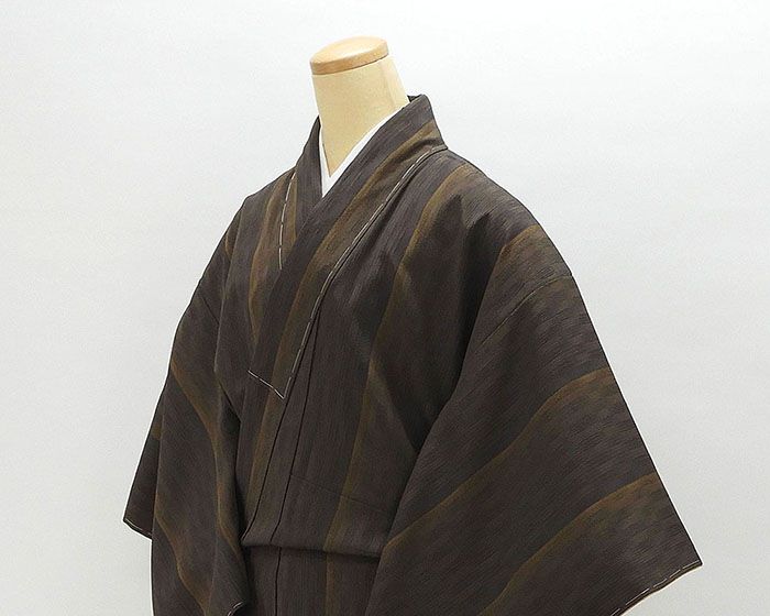 紬 未着用超美品 正絹 本しぼ柿渋染め 縦縞模様 身丈161.5cm