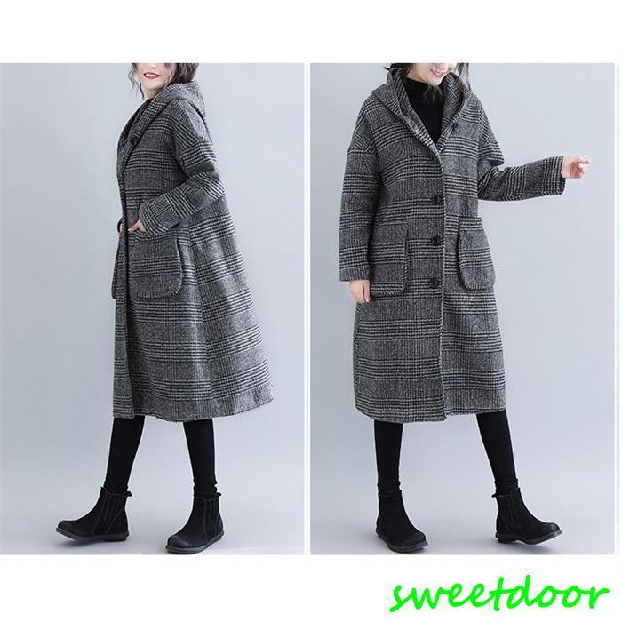 グレンチェック コート チェスターコート レディース ロングコート フード付き アウター チェック柄 上着 ゆったり 大きいサイズ 秋 冬