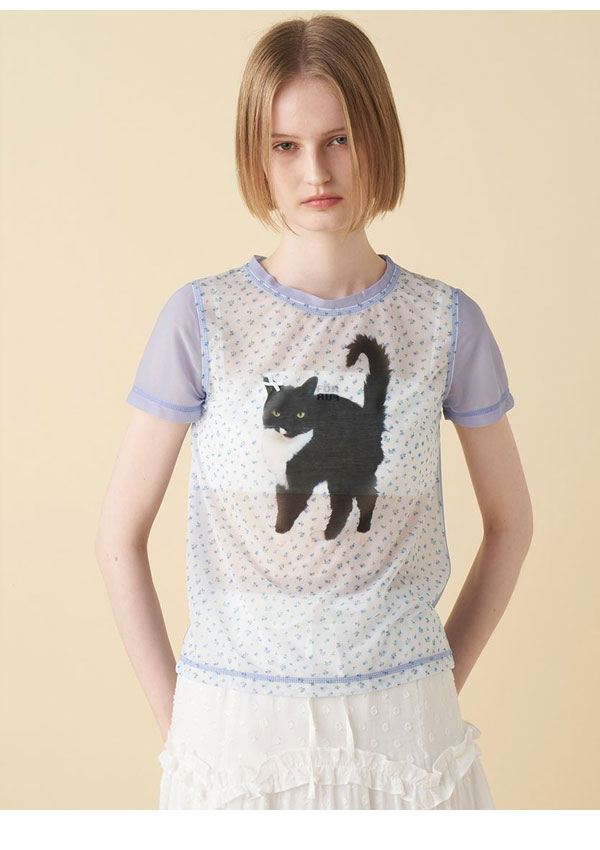 【即納】ファーファー FURFUR トップス 25春夏 【上國料萌衣コラボ】Oolong花柄Tシャツ ミドル丈 半袖 コラボ 猫 rwct252060