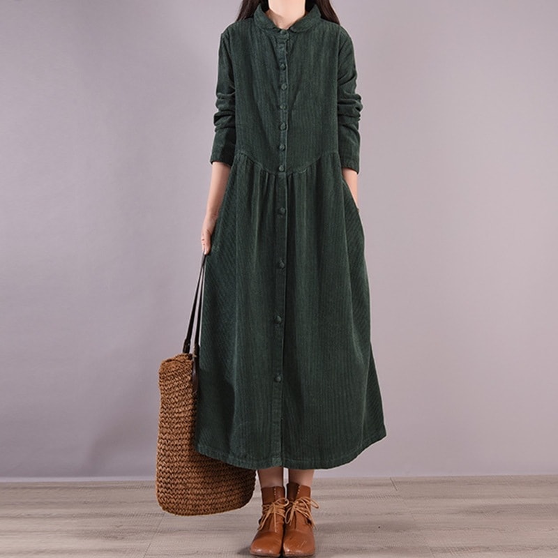 【輝いて超人気】 欠かせない コーデュロイ 折り襟 ビックシルエット すね丈 カジュアルワンピース レディース 秋冬
