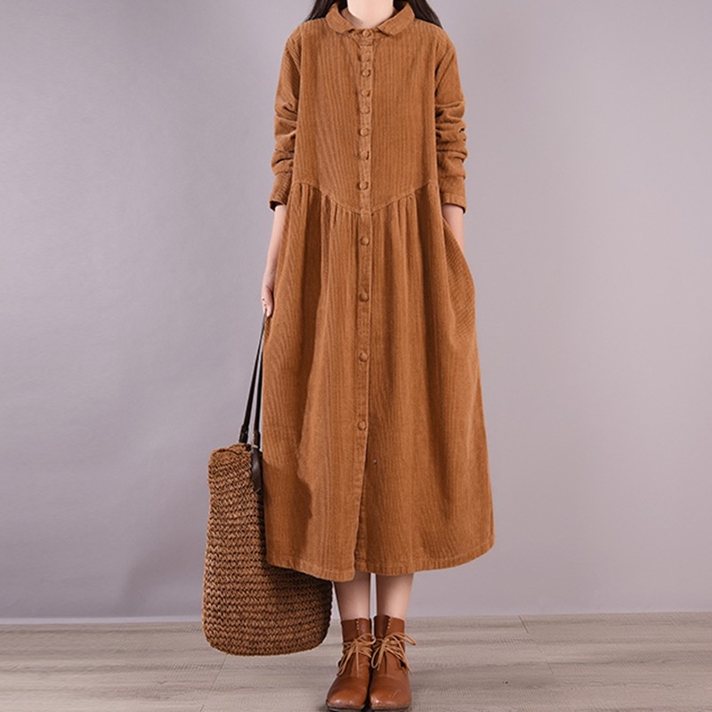 【輝いて超人気】 欠かせない コーデュロイ 折り襟 ビックシルエット すね丈 カジュアルワンピース レディース 秋冬