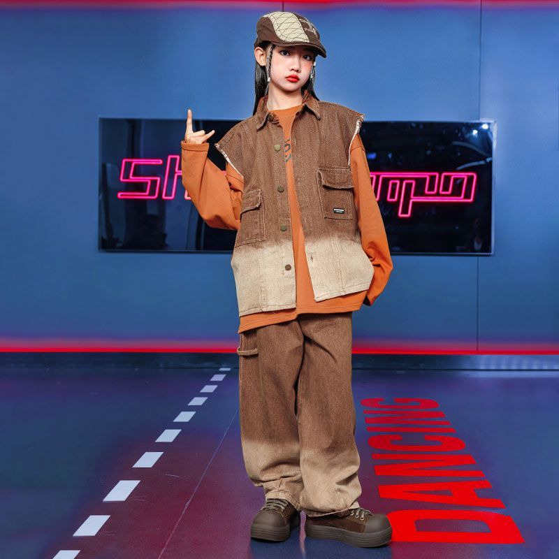 街舞児童潮服演出服男児馬甲セットhiphopヒップホップ童装少女元日演技服