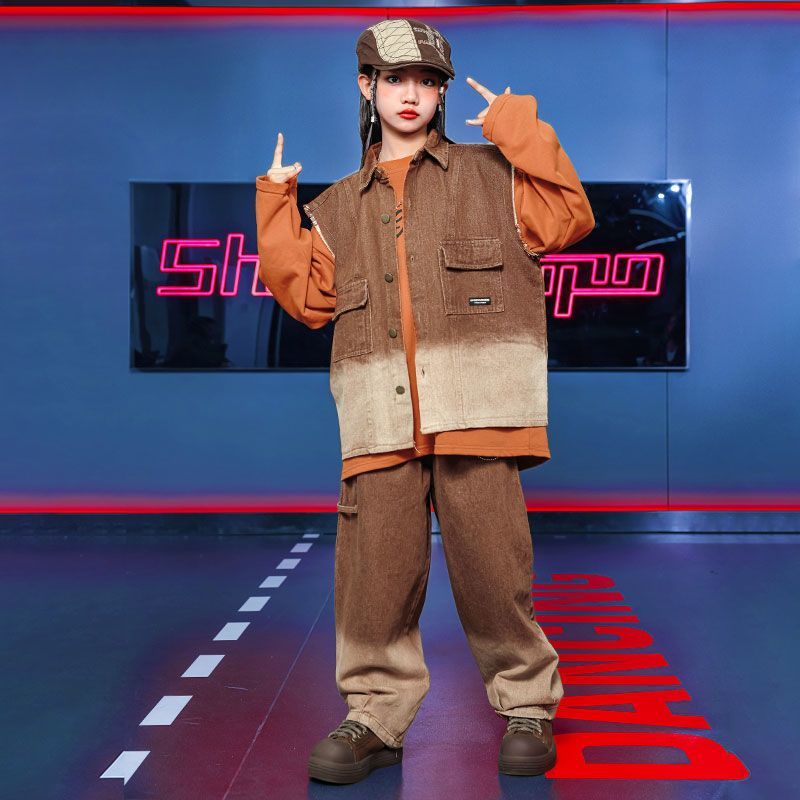 街舞児童潮服演出服男児馬甲セットhiphopヒップホップ童装少女元日演技服