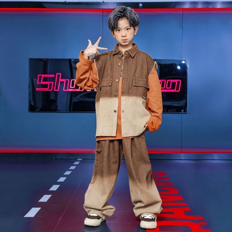街舞児童潮服演出服男児馬甲セットhiphopヒップホップ童装少女元日演技服