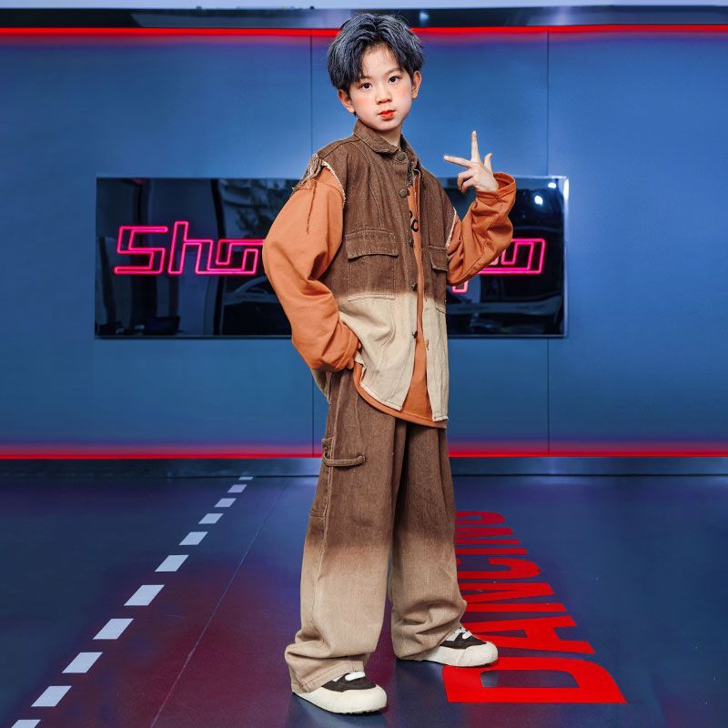 街舞児童潮服演出服男児馬甲セットhiphopヒップホップ童装少女元日演技服