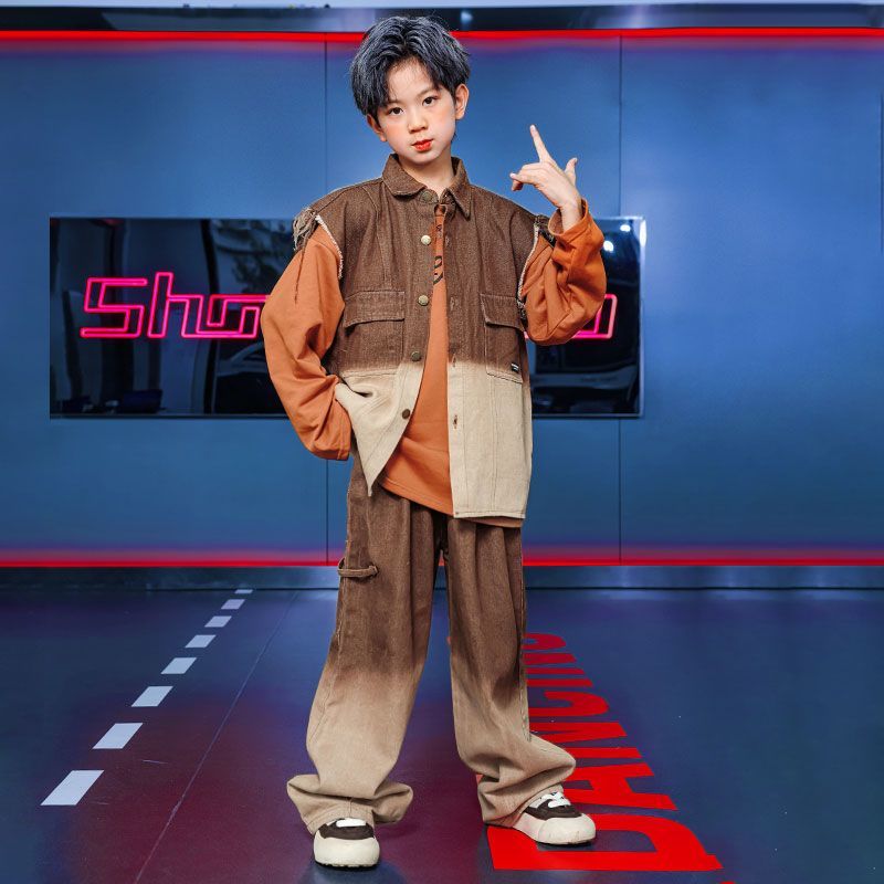 街舞児童潮服演出服男児馬甲セットhiphopヒップホップ童装少女元日演技服
