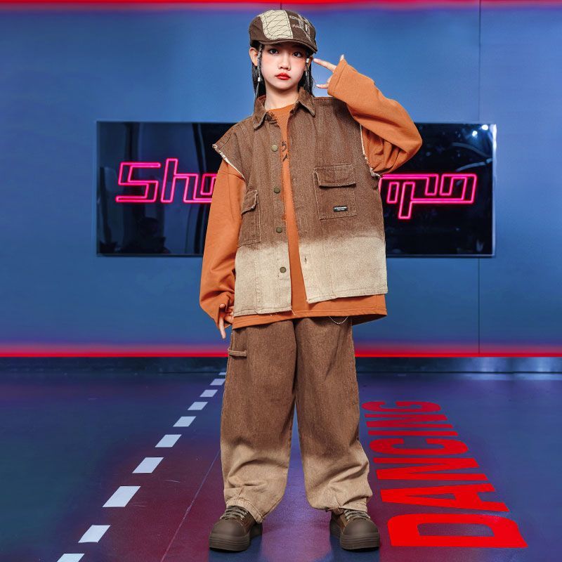 街舞児童潮服演出服男児馬甲セットhiphopヒップホップ童装少女元日演技服