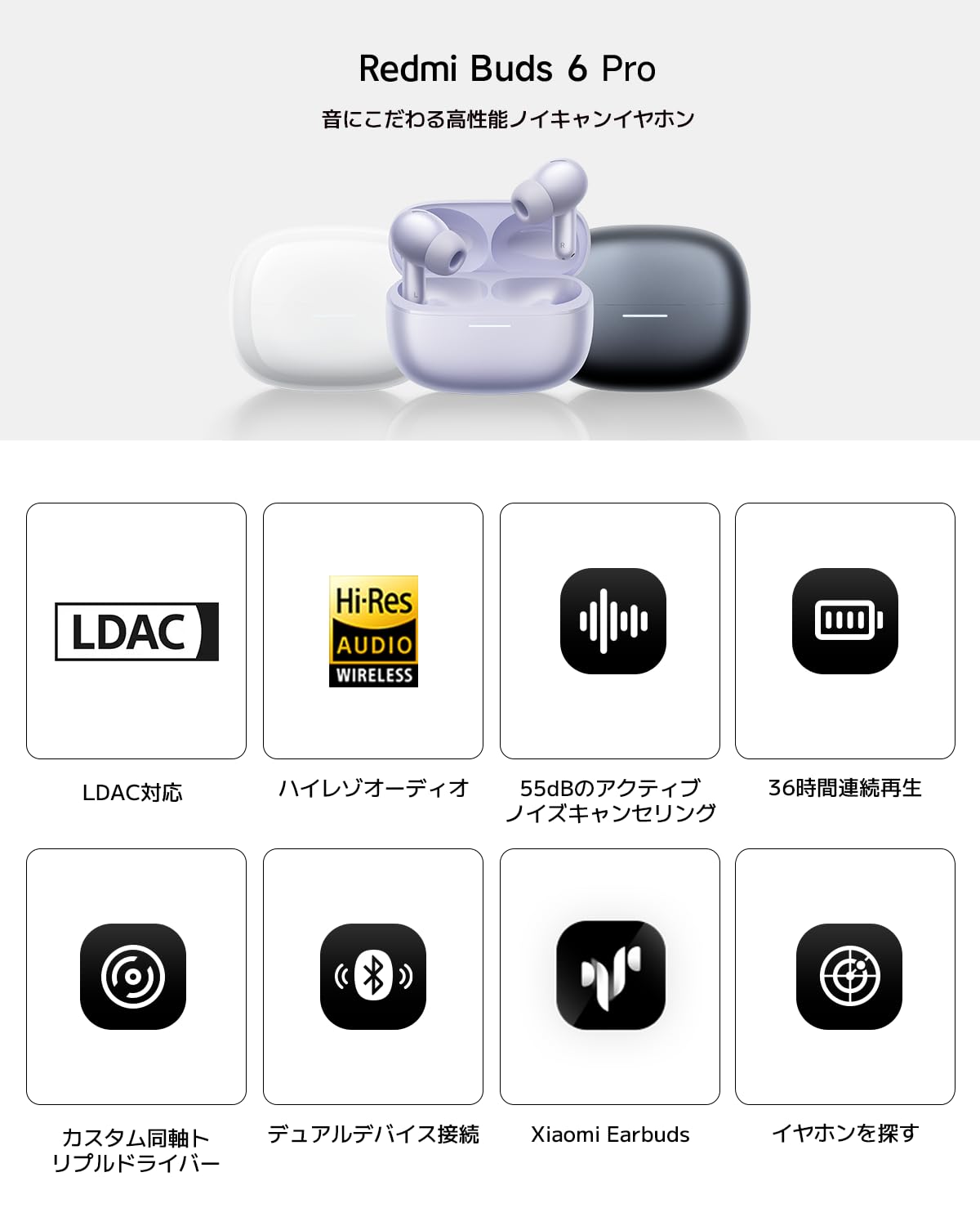 シャオミ(Xiaomi) ワイヤレスイヤホン Redmi Buds 6 Pro 55dBまでアクティブノイズキャンセリング 進化したトリプルドライバー LDAC対応 ハイレゾオーディオワイヤレス 最大