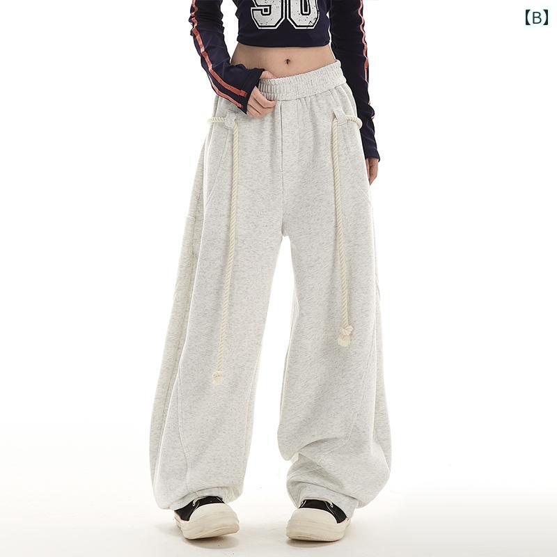 レディース ボトムス パンツ ワイド ロング ストリート KPOP ダンス トレーニング ヒップ ホップ 女性用 ストレート スポーツ アメリカン レトロ ウエスト ロープ ドレープ カジュアル