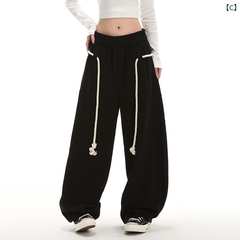 レディース ボトムス パンツ ワイド ロング ストリート KPOP ダンス トレーニング ヒップ ホップ 女性用 ストレート スポーツ アメリカン レトロ ウエスト ロープ ドレープ カジュアル