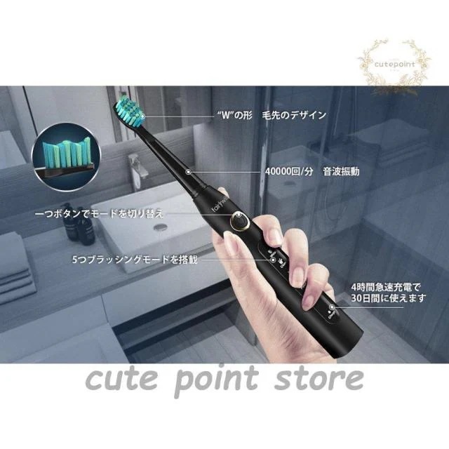 電動歯ブラシ 歯ブラシ 本体 音波歯ブラシ ブラック ソニック IPX7防水 五つモード USB充電 替えブラシ8本 口内ケア 歯磨き 携帯ケース付き 携帯便利