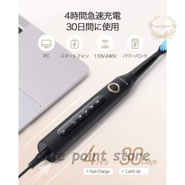 電動歯ブラシ 歯ブラシ 本体 音波歯ブラシ ブラック ソニック IPX7防水 五つモード USB充電 替えブラシ8本 口内ケア 歯磨き 携帯ケース付き 携帯便利