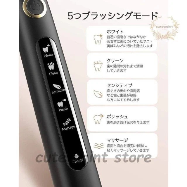 電動歯ブラシ 歯ブラシ 本体 音波歯ブラシ ブラック ソニック IPX7防水 五つモード USB充電 替えブラシ8本 口内ケア 歯磨き 携帯ケース付き 携帯便利