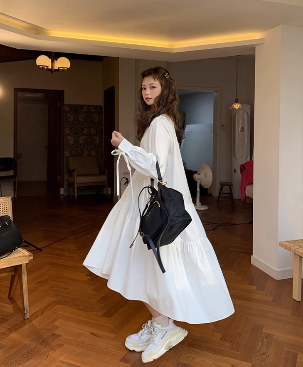 レディース ワンピース 膝下 長袖 かわいい きれいめ シンプル 上品 おしゃれ レトロ こなれ感 ガーリー 無地 春 秋 学生 学校 通学 デート お出かけ 旅行 海 公園 女子会 休日