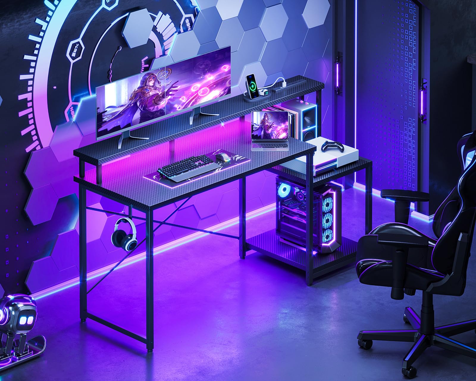 ゲーミングデスク パソコンデスク デスク ラック&コンセント付き 机 pcデスク 幅140cm モニター台&プリンター台付き ゲームデスク gaming desk LEDライト付き 57631