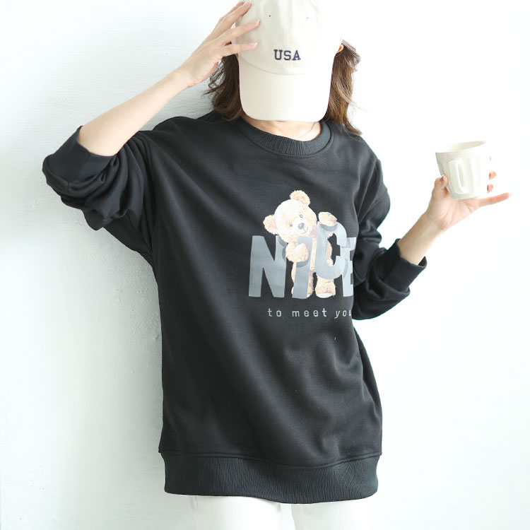 大きいサイズレディース トップス スウェット トレーナー 裏起毛ベアープリントスウェット ドロップショルダー オーバーサイズ 長袖 プリント ロゴ ユニセックス メンズ カップル お揃い おそろい ル