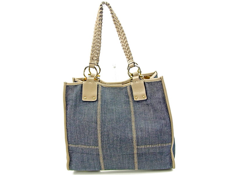 サルヴァトーレ フェラガモ Salvatore Ferragamo トートバッグ ワンショルダー メンズ可 ガンチーニ ベージュ×デニム キャンバス×レザー 人気 セール 【中古】 T3814 . サルヴァトーレ フェラガモ Salvatore Ferragamo トートバッグ ワンショルダー メンズ可 ガンチーニ ベージュ×デニム キャンバス×レザー 人気 セール 【中古】 T3814 .