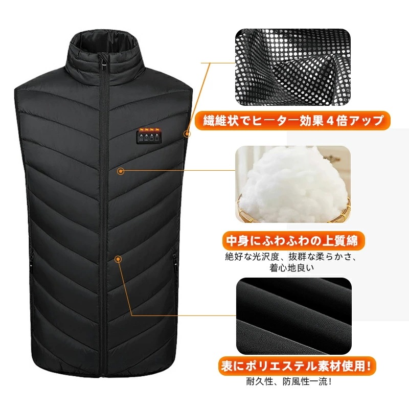 【厳選人気挑战最安值】ヒーターベスト 電熱ベスト ヒーター バッテリー付き 3秒速暖 中綿 USB給電 洗える 三段階調温 軽量 冷え性 メンズ レーディス 電熱ウェア S4XL インナー バイクウ