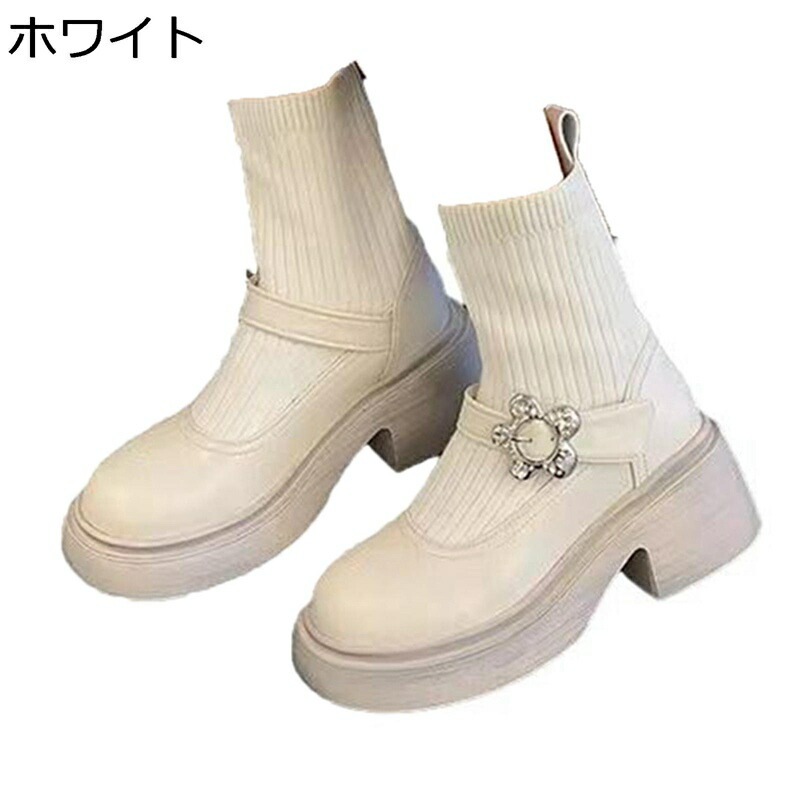 ソックスブーツ ニット ラインストーン 花飾り 粗いかかと ショートブーツ ブーティ ハイヒールcm レディース 通気性 カジュアル キレイめ ファッション 痛くない 履きやすい 歩きやすい