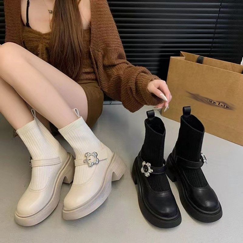 ソックスブーツ ニット ラインストーン 花飾り 粗いかかと ショートブーツ ブーティ ハイヒールcm レディース 通気性 カジュアル キレイめ ファッション 痛くない 履きやすい 歩きやすい