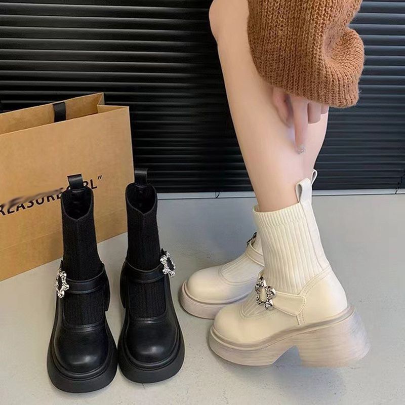 ソックスブーツ ニット ラインストーン 花飾り 粗いかかと ショートブーツ ブーティ ハイヒールcm レディース 通気性 カジュアル キレイめ ファッション 痛くない 履きやすい 歩きやすい