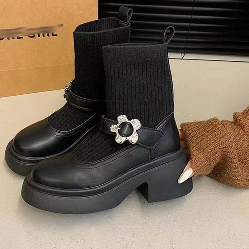 ソックスブーツ ニット ラインストーン 花飾り 粗いかかと ショートブーツ ブーティ ハイヒールcm レディース 通気性 カジュアル キレイめ ファッション 痛くない 履きやすい 歩きやすい