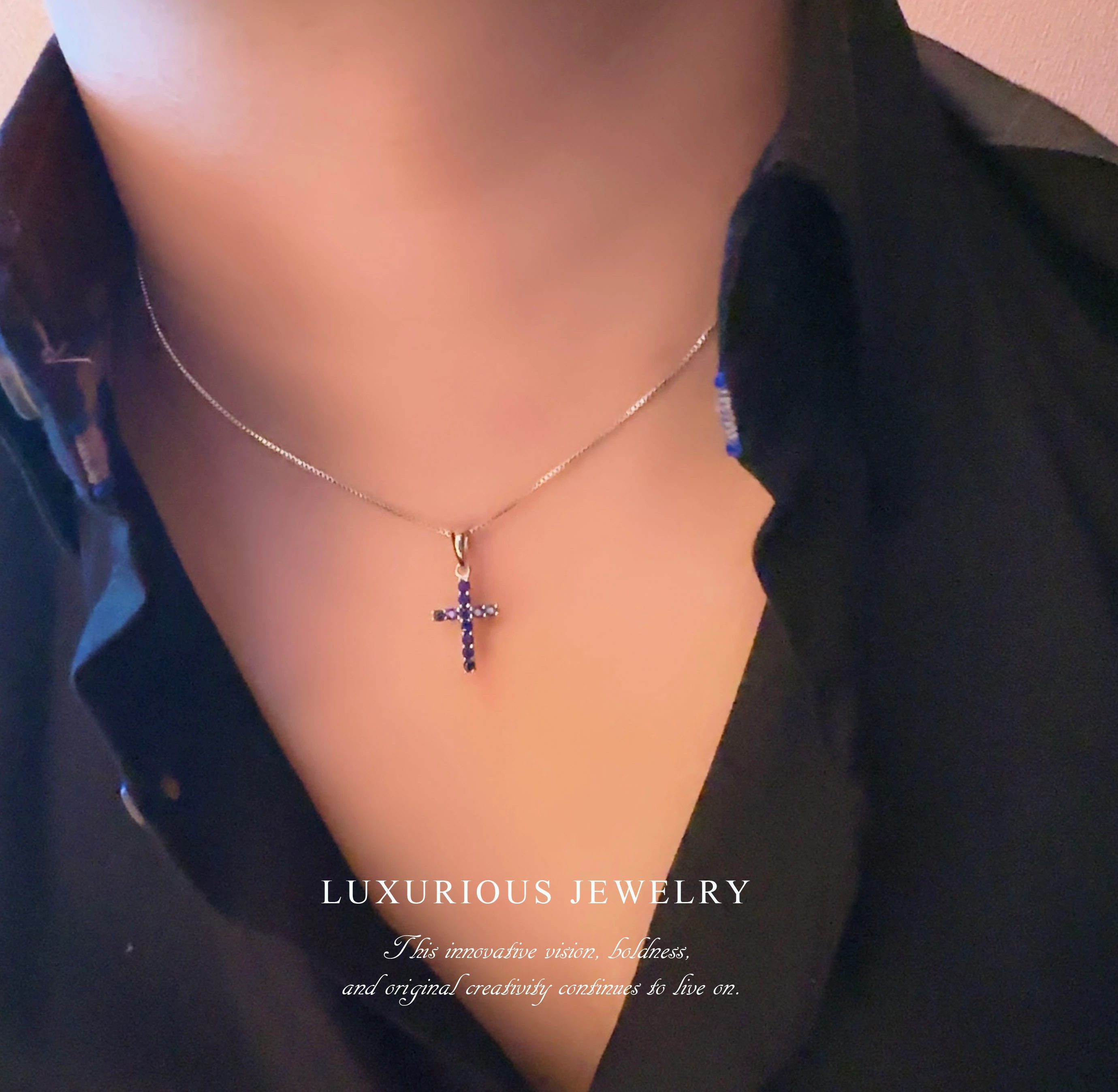 選べる!! 天然石 ブラック ダイヤモンド サファイア ネックレス クロス 十字架 ベネチアン チェーン 18K WG YG ジュエリー ペンダント 誕生日 バレンタイン 宝石 貴金属 ジュエリー