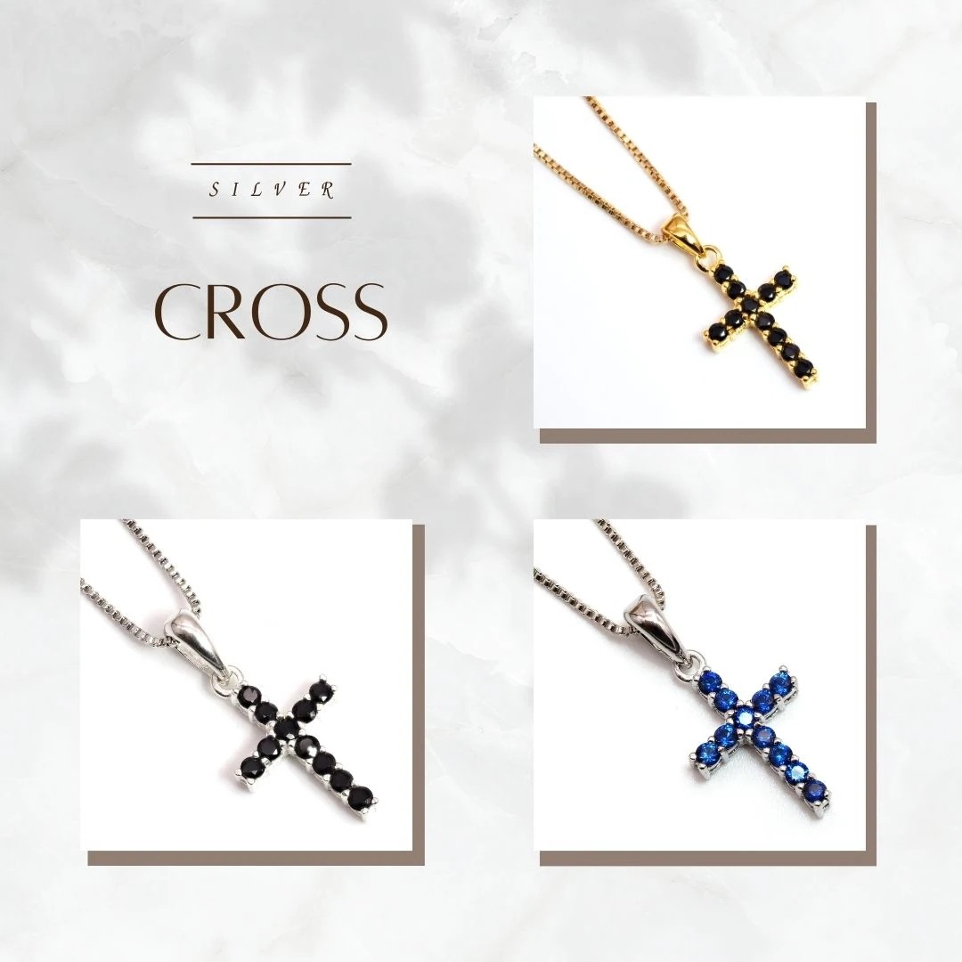 選べる!! 天然石 ブラック ダイヤモンド サファイア ネックレス クロス 十字架 ベネチアン チェーン 18K WG YG ジュエリー ペンダント 誕生日 バレンタイン 宝石 貴金属 ジュエリー