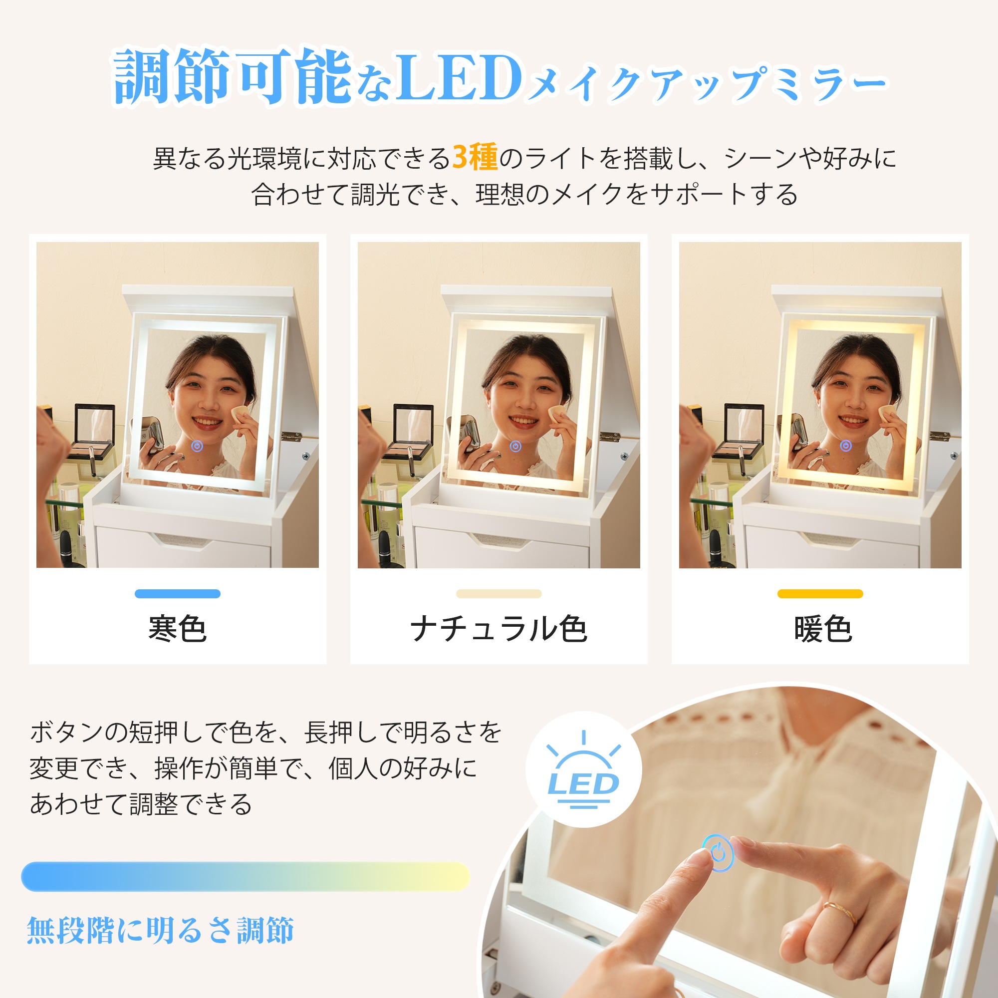 58ドレッサーテーブル ドレッサー 化粧台 リビングテーブル 3色LED テーブル 鏡台 1台2役 ライト付き 女優ミラー 引き出し コンパクト 多機能 収納 メイク台 シンプル 大容量 可愛い