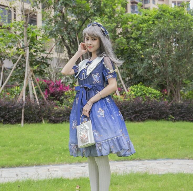 ロリータワンピース 半袖ワンピース 可愛いロリータ服 星柄 プリンセスライン グラデーション