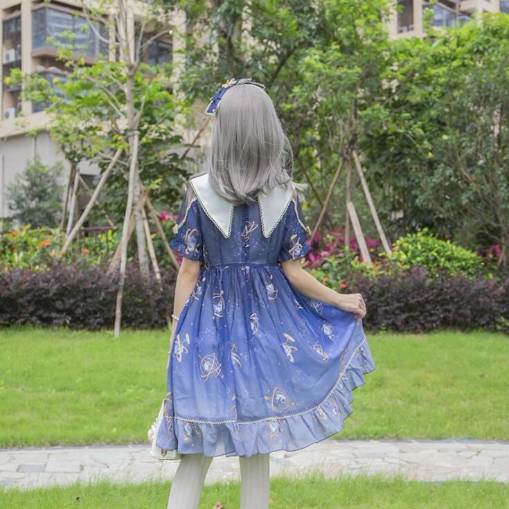 ロリータワンピース 半袖ワンピース 可愛いロリータ服 星柄 プリンセスライン グラデーション