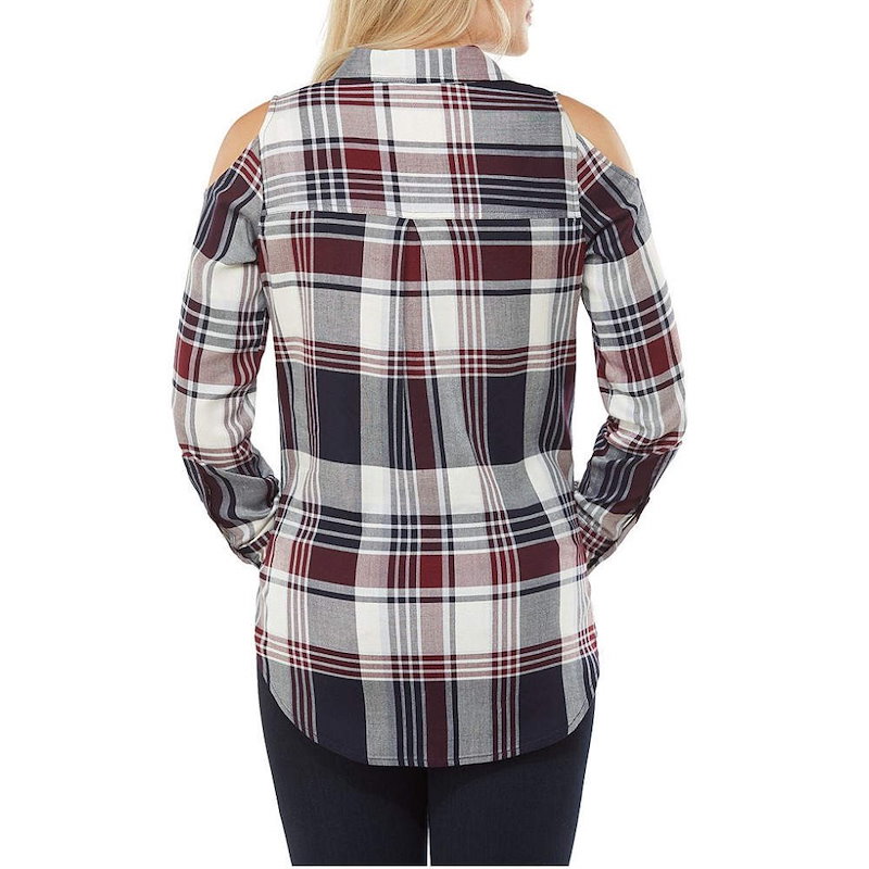 ピーター ナイガード レディース トップス ブラウス・シャツ【Peter Nygard Plaid Cold Shoulder Shirt】Navy/Merlot ピーター ナイガード レディース トップス ブラウス・シャツ【Peter Nygard Plaid Cold Shoulder Shirt】Navy/Merlot