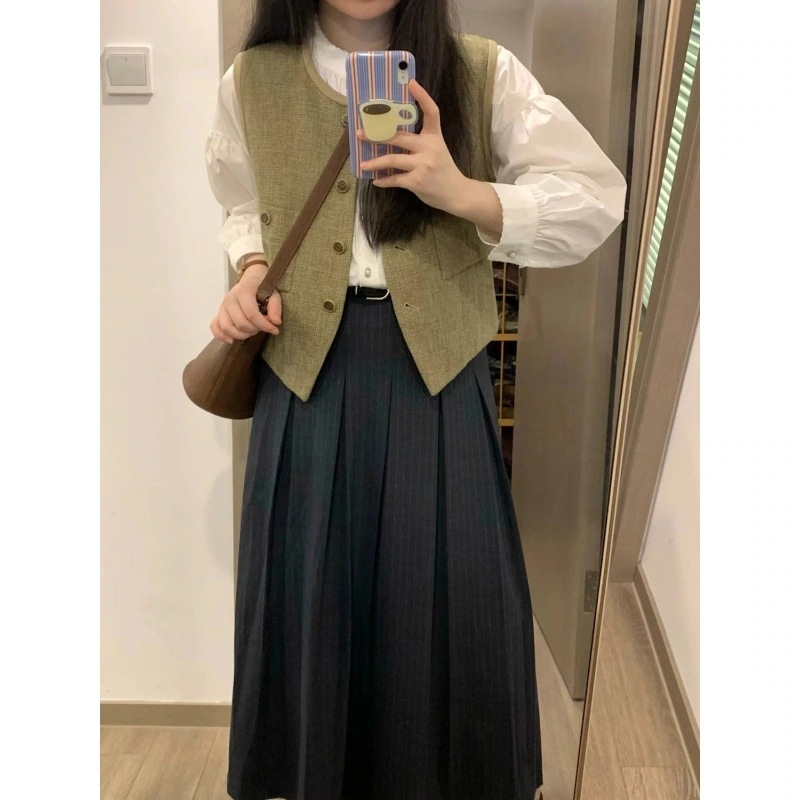 ハイエンドのカスタマイズ-レトロ風ベスト+長袖シャツ初秋新作スリーピーススーツハイウエストストライププリーツスカート