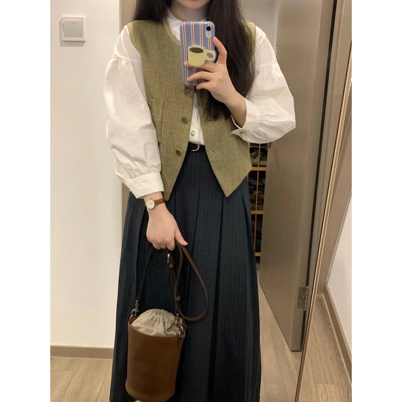 ハイエンドのカスタマイズ-レトロ風ベスト+長袖シャツ初秋新作スリーピーススーツハイウエストストライププリーツスカート