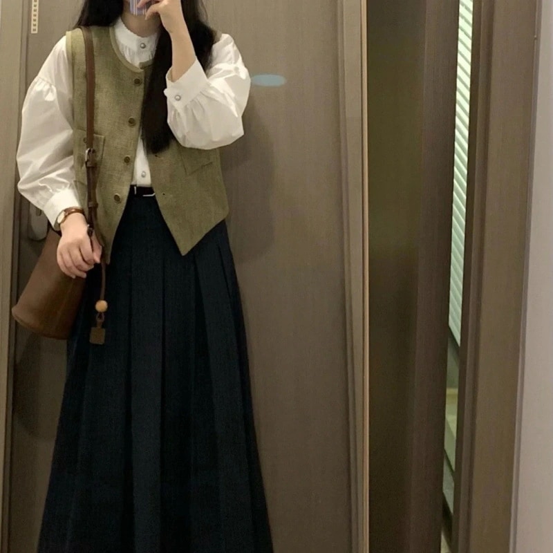 ハイエンドのカスタマイズ-レトロ風ベスト+長袖シャツ初秋新作スリーピーススーツハイウエストストライププリーツスカート