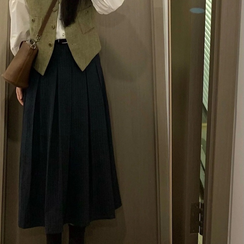 ハイエンドのカスタマイズ-レトロ風ベスト+長袖シャツ初秋新作スリーピーススーツハイウエストストライププリーツスカート