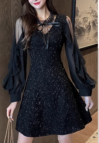 レディース ドレス ブラックドレス ショート 長袖 Vネック スリム 細身 Aライン フリル リボン ハイウエスト 透け感 かわいい 大人可愛い きれいめ カジュアル 上品 おしゃれ レトロ ガーリー レディース ドレス ブラックドレス ショート 長袖 Vネック スリム 細身 Aライン フリル リボン ハイウエスト 透け感 かわいい 大人可愛い きれいめ カジュアル 上品 おしゃれ レトロ ガーリー