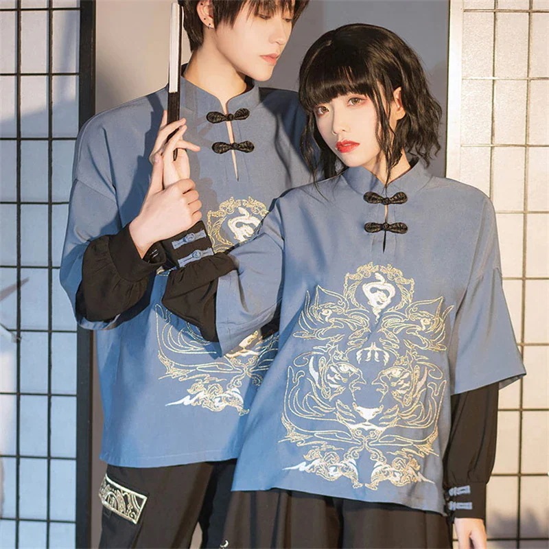 チャイナ風シャツ レディース 刺繍トップス ブラウス 立ち襟 重ね着風 オリジナル レトロ 男女兼用 チャイナ風シャツ レディース 刺繍トップス ブラウス 立ち襟 重ね着風 オリジナル レトロ 男女兼用