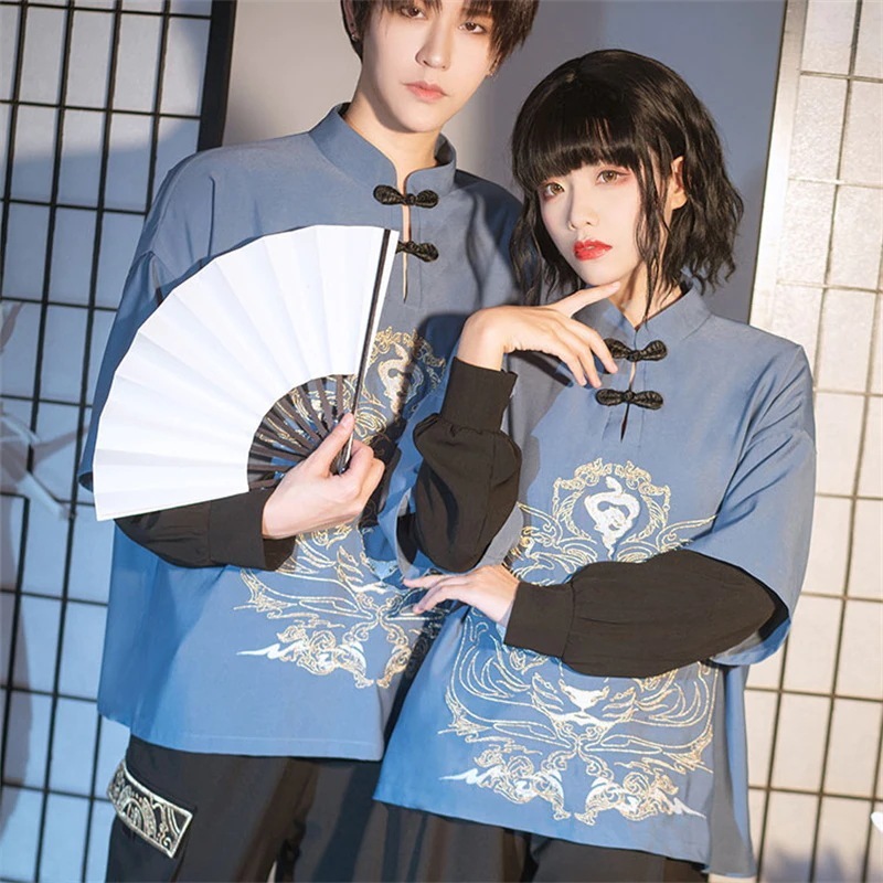 チャイナ風シャツ レディース 刺繍トップス ブラウス 立ち襟 重ね着風 オリジナル レトロ 男女兼用 チャイナ風シャツ レディース 刺繍トップス ブラウス 立ち襟 重ね着風 オリジナル レトロ 男女兼用