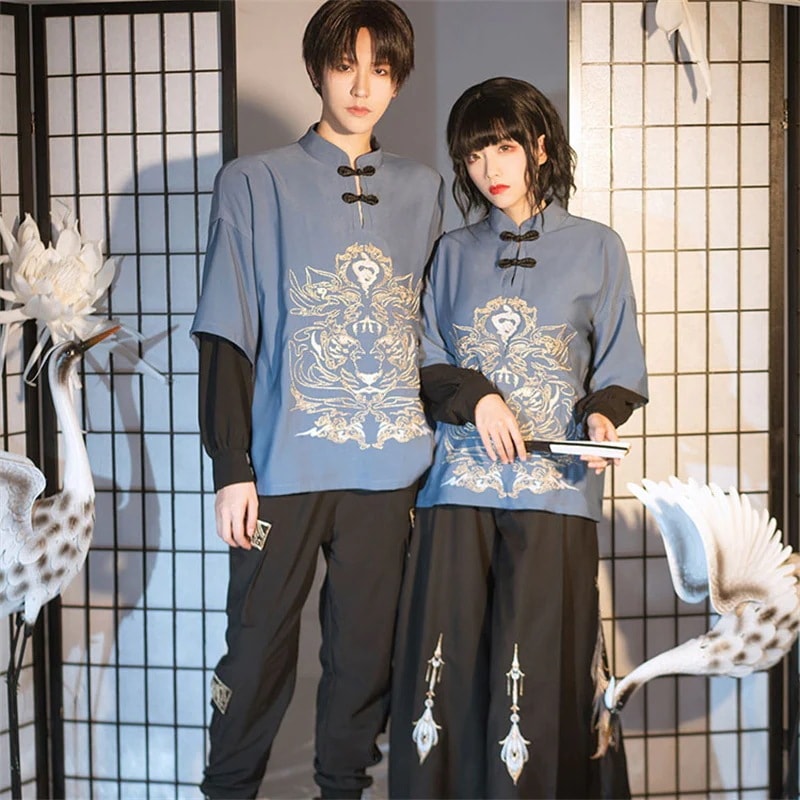 チャイナ風シャツ レディース 刺繍トップス ブラウス 立ち襟 重ね着風 オリジナル レトロ 男女兼用 チャイナ風シャツ レディース 刺繍トップス ブラウス 立ち襟 重ね着風 オリジナル レトロ 男女兼用