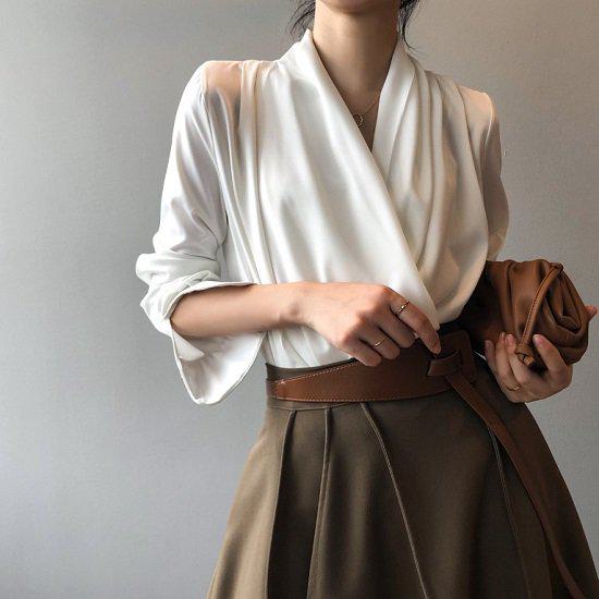 ブラウス レディース 長袖 シフォン オフィス カシュクール 白ブラウス トップス 白 ホワイト グリーン 無地 シンプル M L ショート丈 カシュクールブラウス フォーマル ドレープ Vネック お