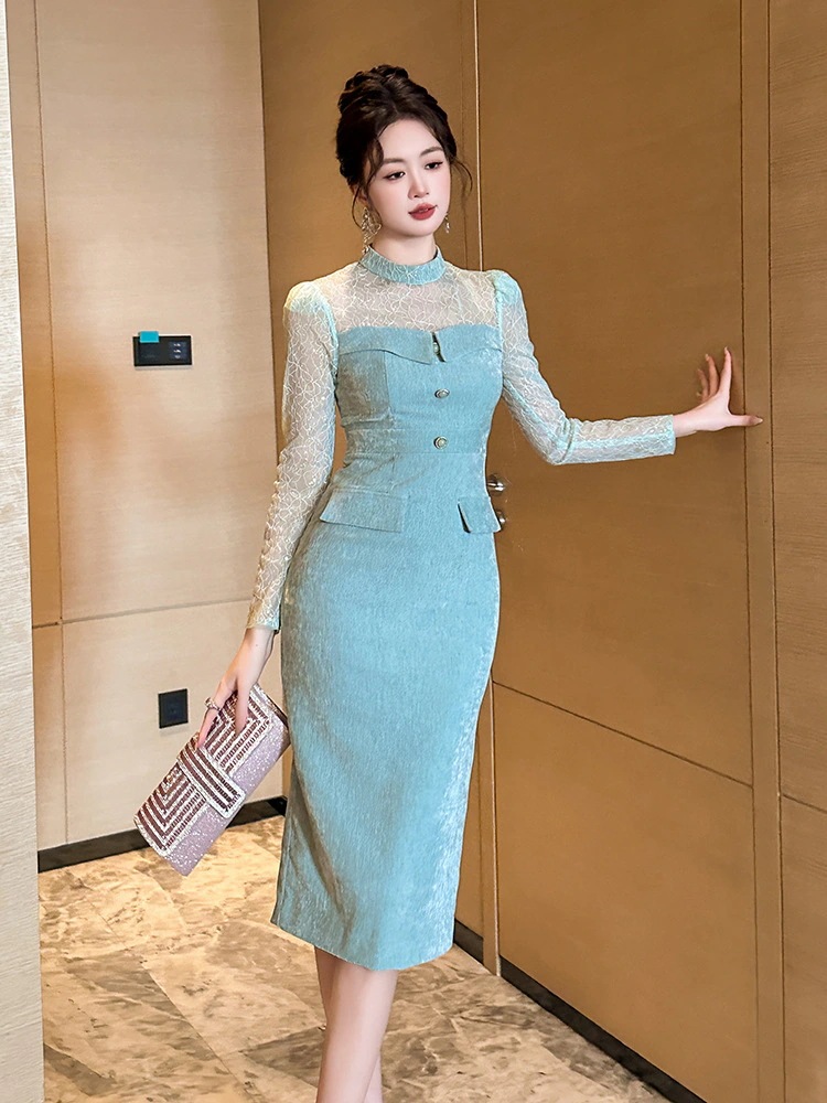 秋冬 ファッション長袖 ドレス ベルベット チュールドッキング スリム ワンピース キャバ 卒業式 結婚式 ウェディング 二次会 パーティードレス ワンピース