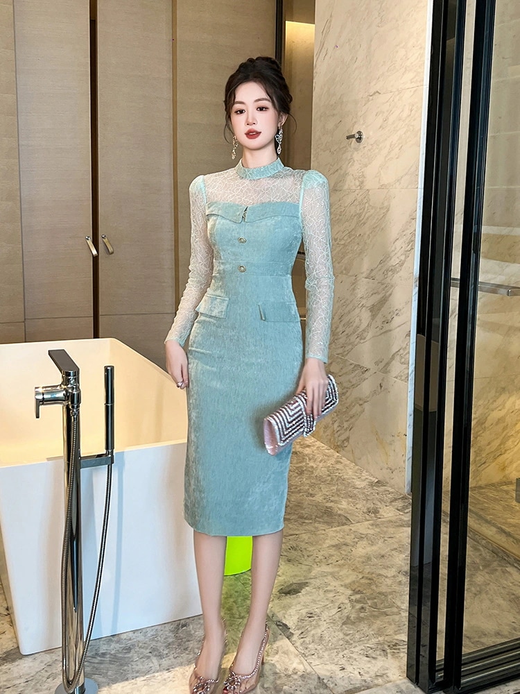 秋冬 ファッション長袖 ドレス ベルベット チュールドッキング スリム ワンピース キャバ 卒業式 結婚式 ウェディング 二次会 パーティードレス ワンピース