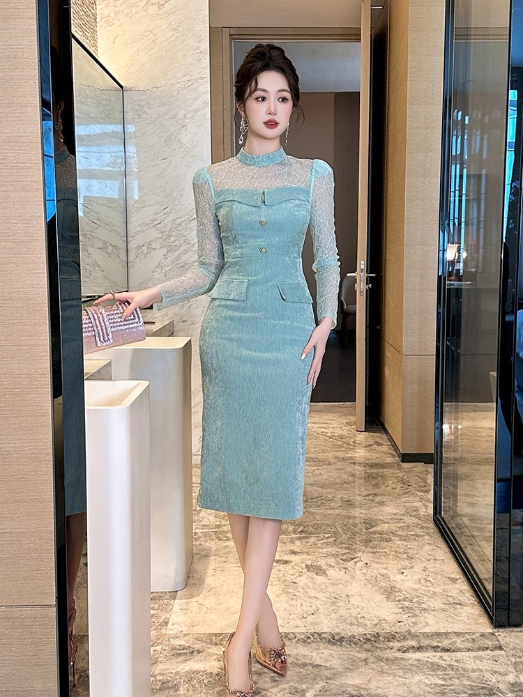 秋冬 ファッション長袖 ドレス ベルベット チュールドッキング スリム ワンピース キャバ 卒業式 結婚式 ウェディング 二次会 パーティードレス ワンピース